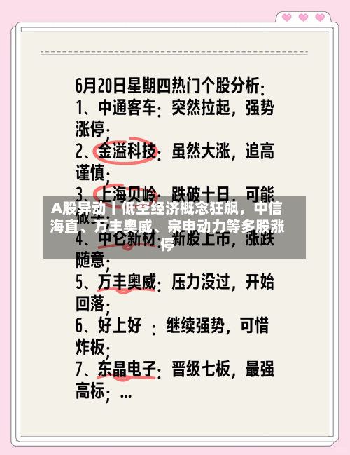 A股异动丨低空经济概念狂飙，中信海直、万丰奥威、宗申动力等多股涨停