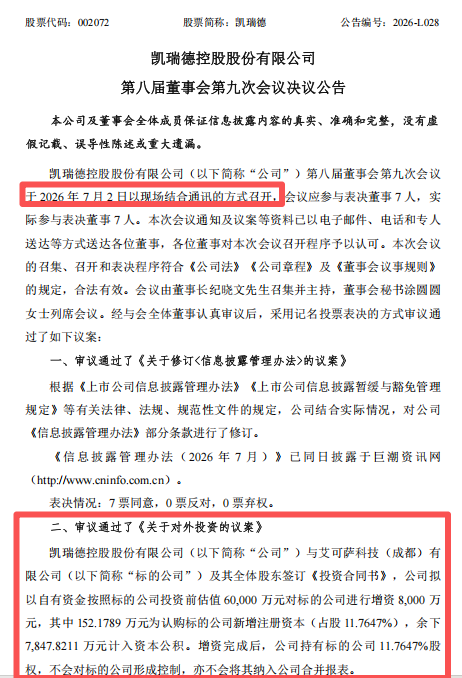 002072公告	，8000万元对外投资