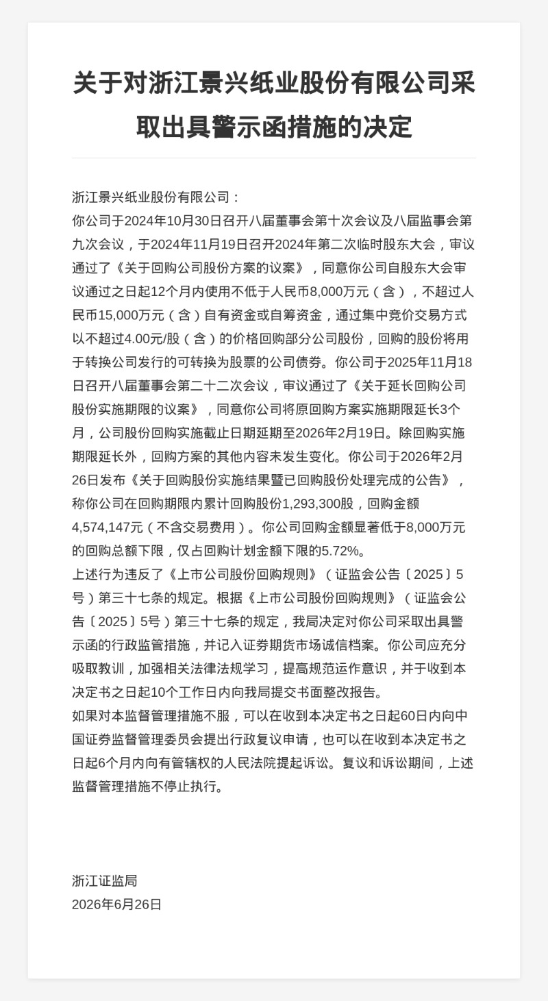 景兴纸业被出具警示函	，涉回购金额远低计划下限